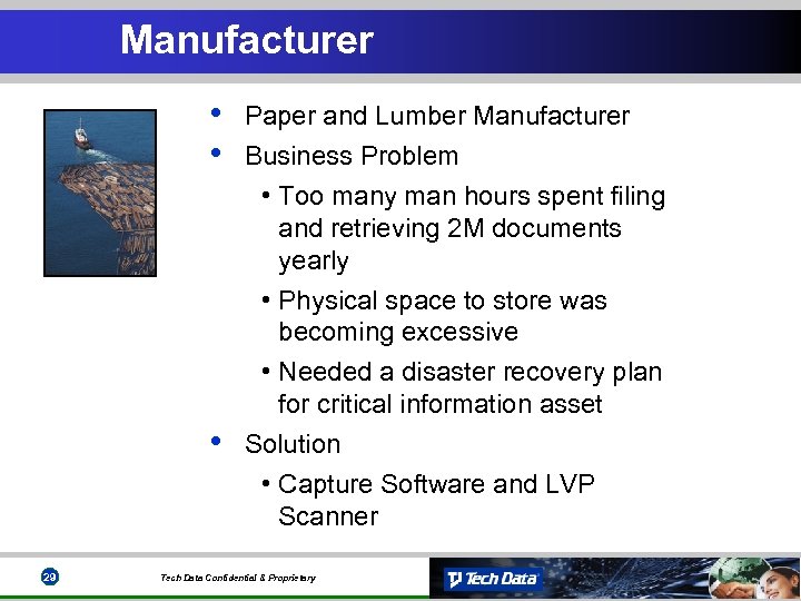 Manufacturer • • • 29 Paper and Lumber Manufacturer Business Problem • Too many
