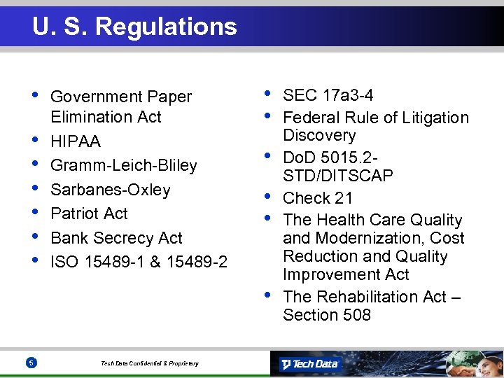 U. S. Regulations • • Government Paper Elimination Act HIPAA Gramm-Leich-Bliley Sarbanes-Oxley Patriot Act