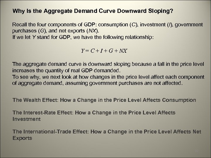 Why Is the Aggregate Demand Curve Downward Sloping? Recall the four components of GDP: