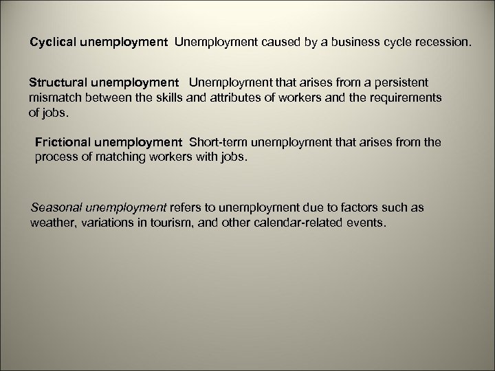 Cyclical unemployment Unemployment caused by a business cycle recession. Structural unemployment Unemployment that arises