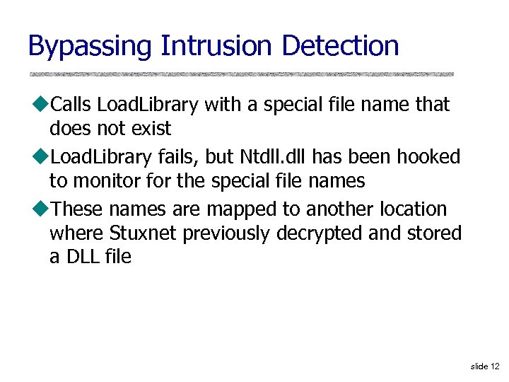Bypassing Intrusion Detection u. Calls Load. Library with a special file name that does