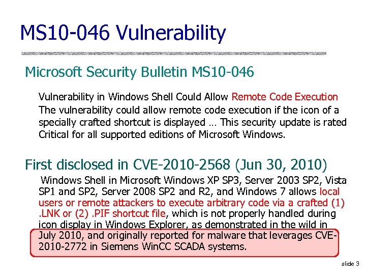 MS 10 -046 Vulnerability Microsoft Security Bulletin MS 10 -046 Vulnerability in Windows Shell