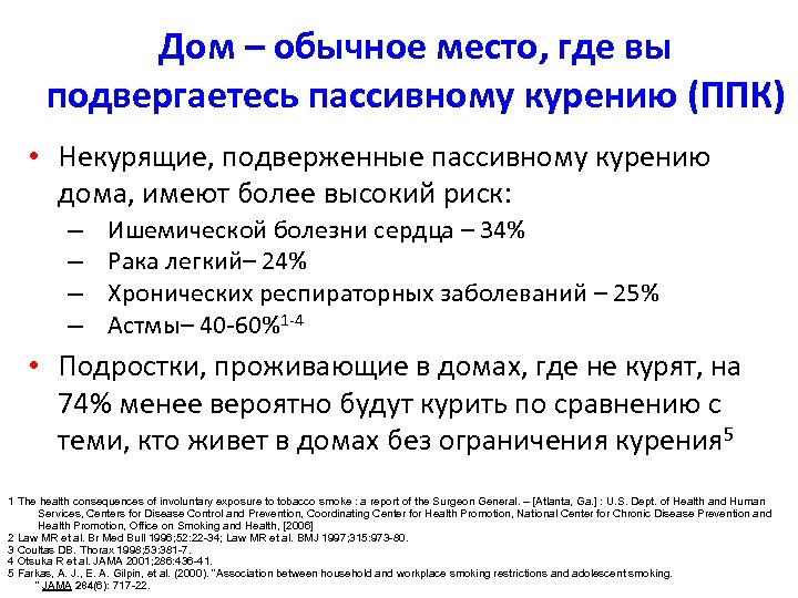 Дом – обычное место, где вы подвергаетесь пассивному курению (ППК) • Некурящие, подверженные пассивному