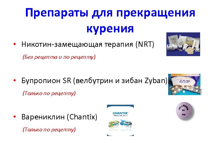 Препараты для прекращения курения • Никотин-замещающая терапия (NRT) (Без рецепта и по рецепту) •