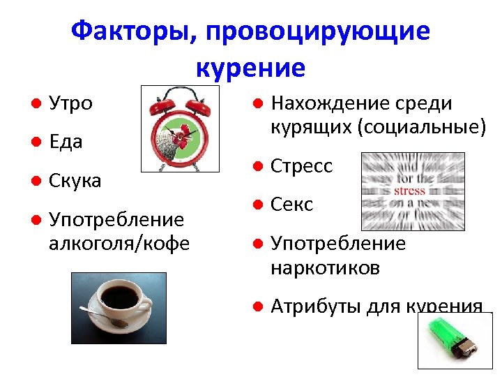 Факторы, провоцирующие курение l Утро l Еда l l Скука Употребление алкоголя/кофе l Нахождение