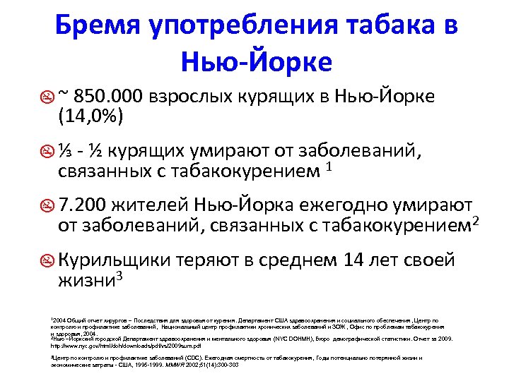 Бремя употребления табака в Нью-Йорке z ~ 850. 000 взрослых курящих в Нью-Йорке (14,