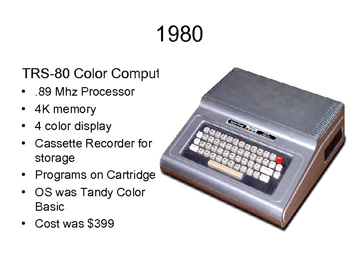 1980 TRS-80 Color Computer • • . 89 Mhz Processor 4 K memory 4