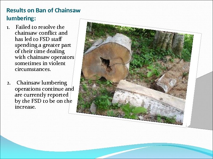 Results on Ban of Chainsaw lumbering: 1. Failed to resolve the chainsaw conflict and