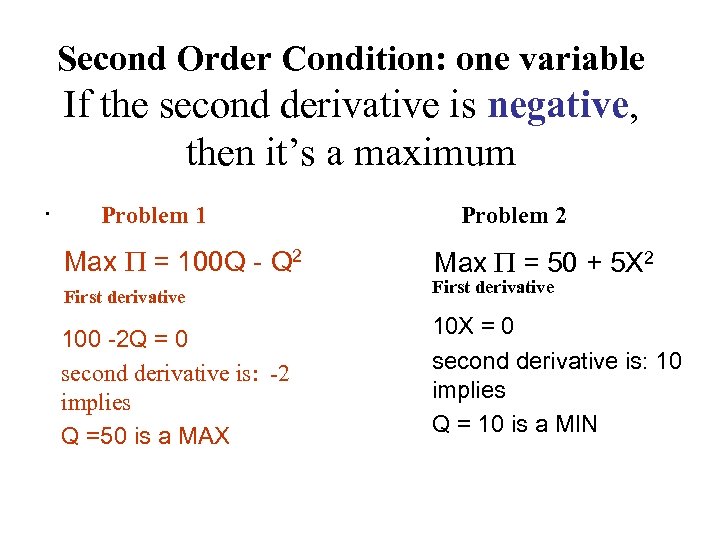 Second Order Condition: one variable If the second derivative is negative, then it’s a
