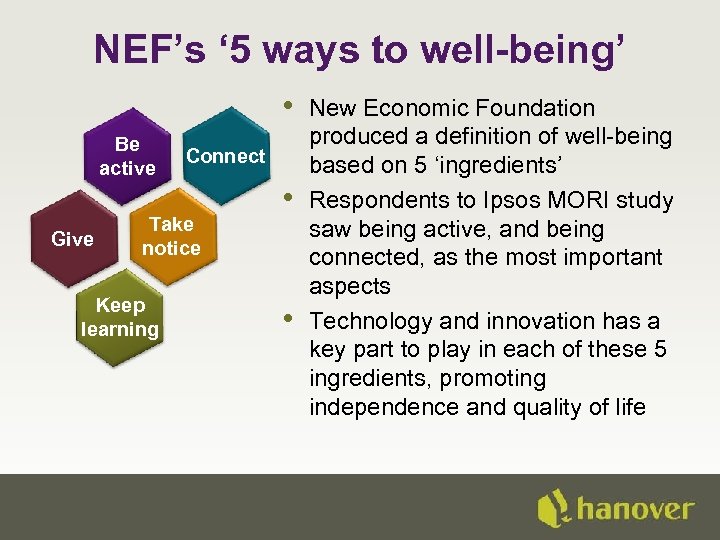 NEF’s ‘ 5 ways to well-being’ • Be active Give Connect Take notice Keep