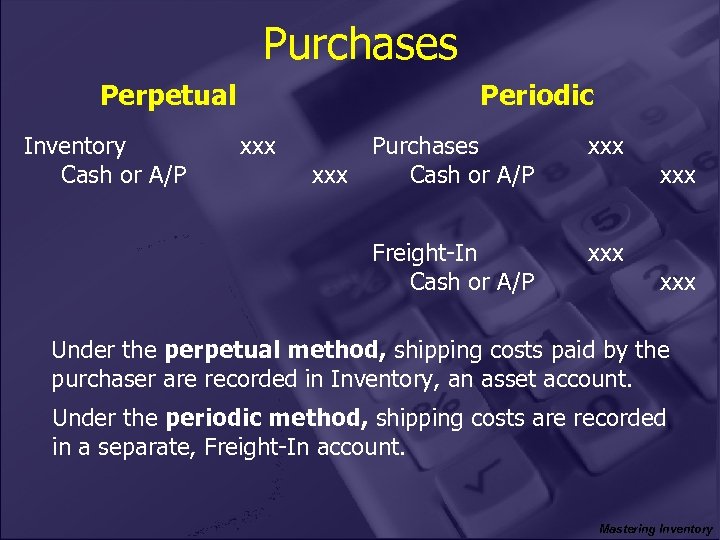 Purchases Perpetual Inventory Cash or A/P Periodic xxx Freight-In Cash or A/P xxx Purchases