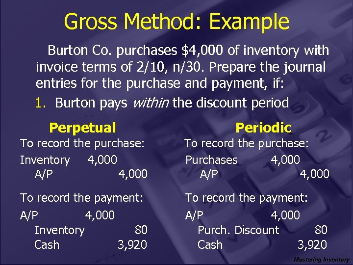 Gross Method: Example Burton Co. purchases $4, 000 of inventory with invoice terms of