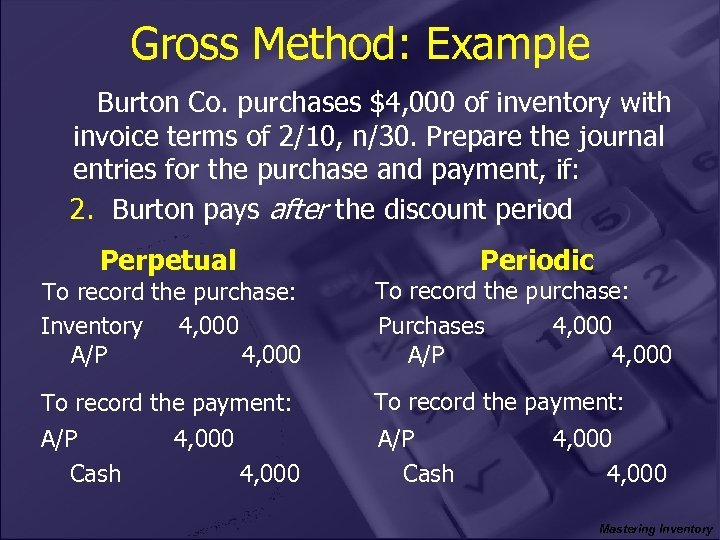 Gross Method: Example Burton Co. purchases $4, 000 of inventory with invoice terms of