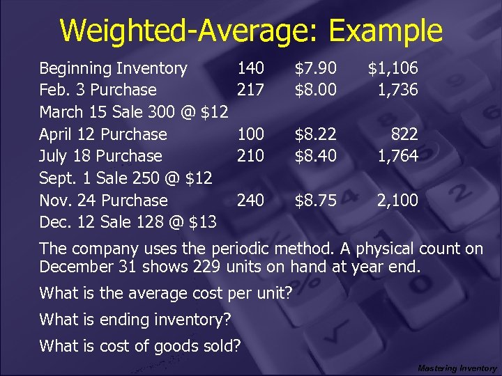 Weighted-Average: Example Beginning Inventory Feb. 3 Purchase March 15 Sale 300 @ $12 April