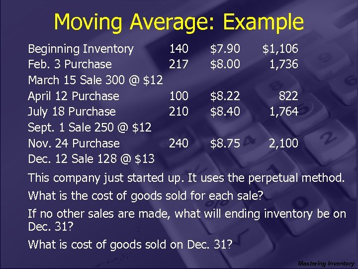 Moving Average: Example Beginning Inventory Feb. 3 Purchase March 15 Sale 300 @ $12