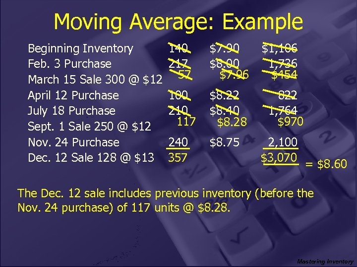 Moving Average: Example Beginning Inventory Feb. 3 Purchase March 15 Sale 300 @ $12