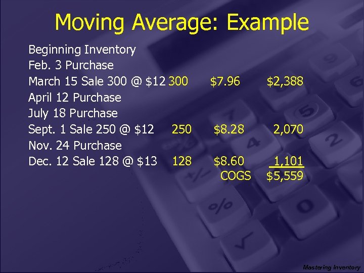 Moving Average: Example Beginning Inventory Feb. 3 Purchase March 15 Sale 300 @ $12