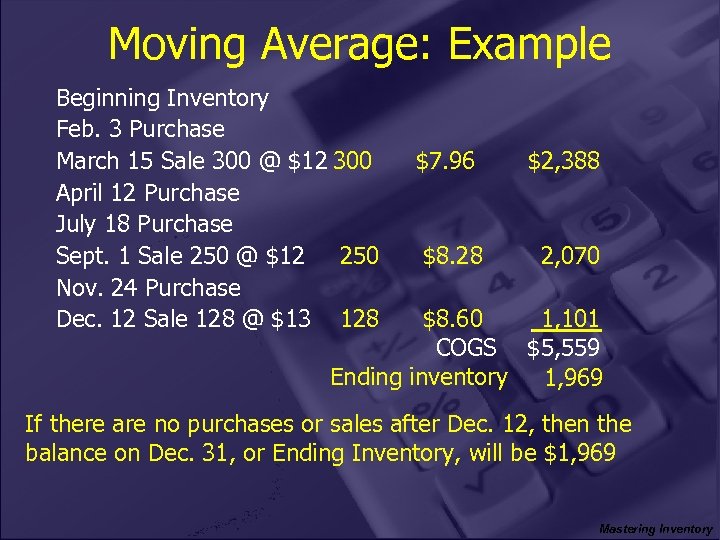 Moving Average: Example Beginning Inventory Feb. 3 Purchase March 15 Sale 300 @ $12