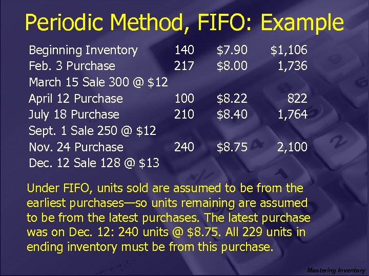 Periodic Method, FIFO: Example Beginning Inventory Feb. 3 Purchase March 15 Sale 300 @