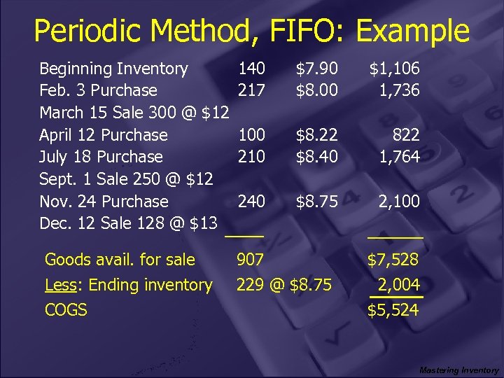 Periodic Method, FIFO: Example Beginning Inventory Feb. 3 Purchase March 15 Sale 300 @