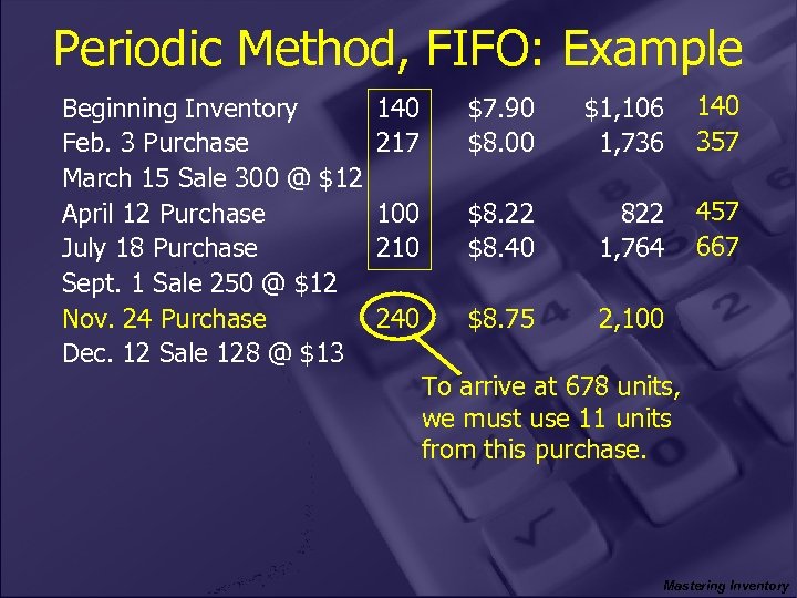 Periodic Method, FIFO: Example Beginning Inventory Feb. 3 Purchase March 15 Sale 300 @