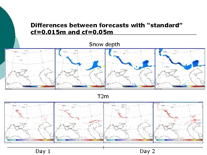 Differences between forecasts with “standard” cf=0. 015 m and cf=0. 05 m Snow depth