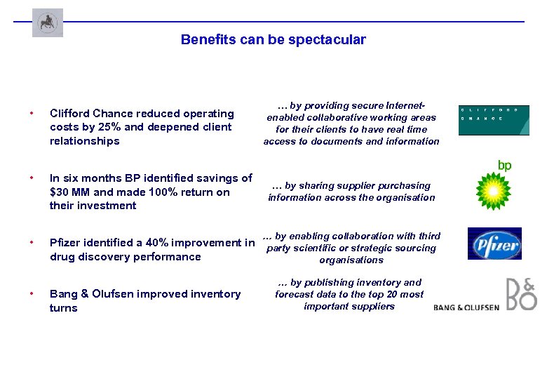 Benefits can be spectacular … by providing secure Internetenabled collaborative working areas for their