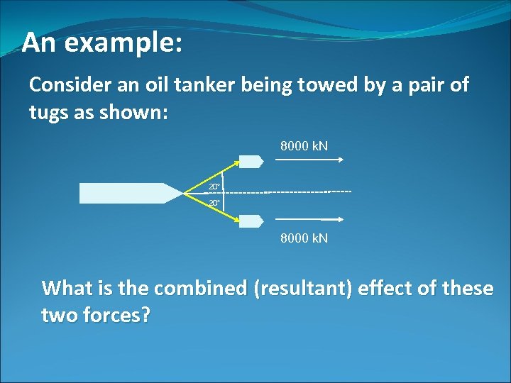 An example: Consider an oil tanker being towed by a pair of tugs as