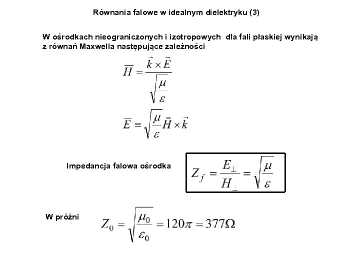 Równania falowe w idealnym dielektryku (3) W ośrodkach nieograniczonych i izotropowych dla fali płaskiej