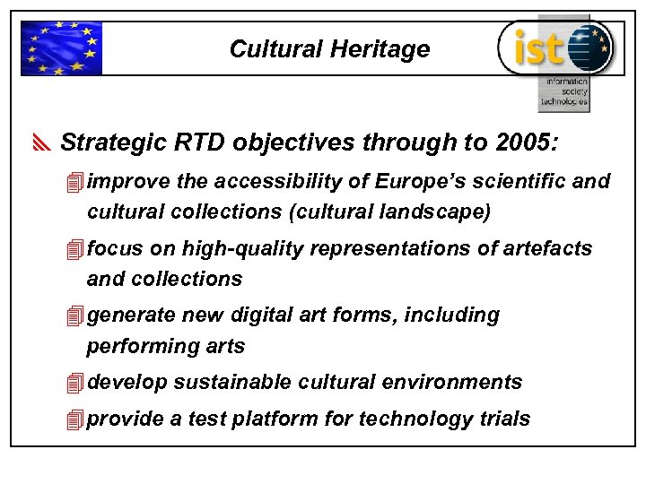 Cultural Heritage y. Strategic RTD objectives through to 2005: 4 improve the accessibility of