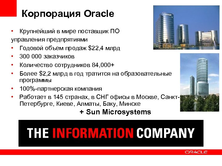 Корпорация Oracle • Крупнейший в мире поставщик ПО управления предпрятиями • Годовой объем продаж