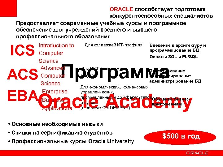 ORACLE способствует подготовке конкурентоспособных специалистов Предоставляет современные учебные курсы и программное обеспечение для учреждений