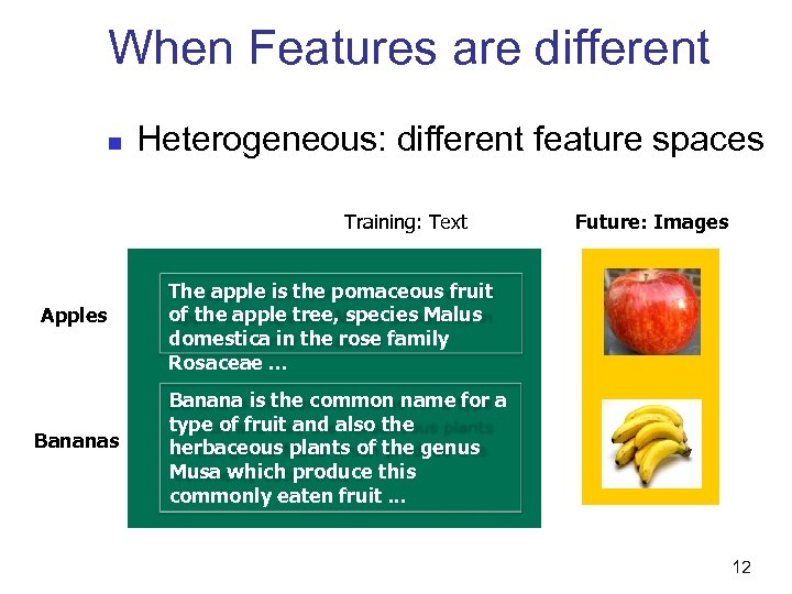 When Features are different n Heterogeneous: different feature spaces Training: Text Apples Bananas Future: