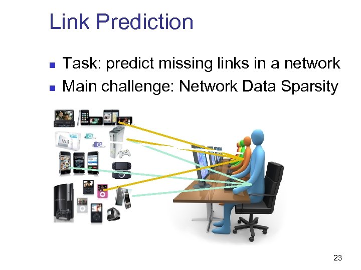 Link Prediction n n Task: predict missing links in a network Main challenge: Network