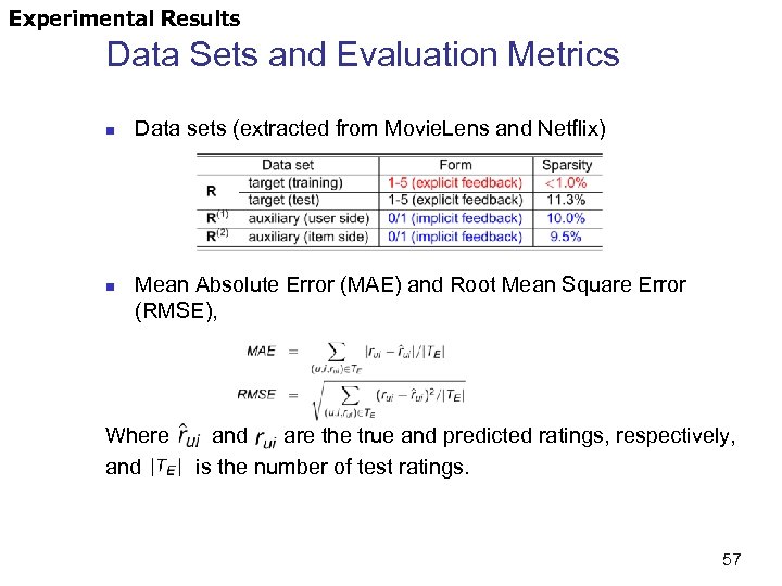 Experimental Results Data Sets and Evaluation Metrics n n Data sets (extracted from Movie.