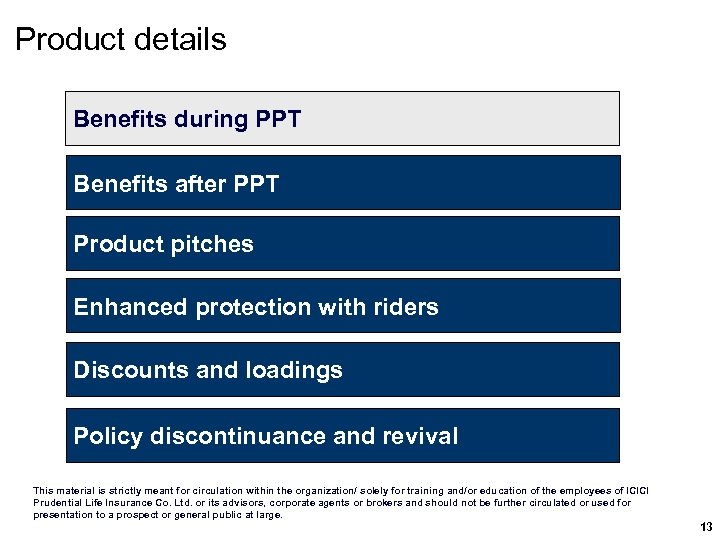 Product details Benefits during PPT Benefits after PPT Product pitches Enhanced protection with riders