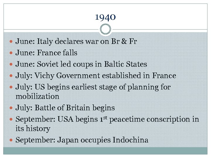 1940 June: Italy declares war on Br & Fr June: France falls June: Soviet