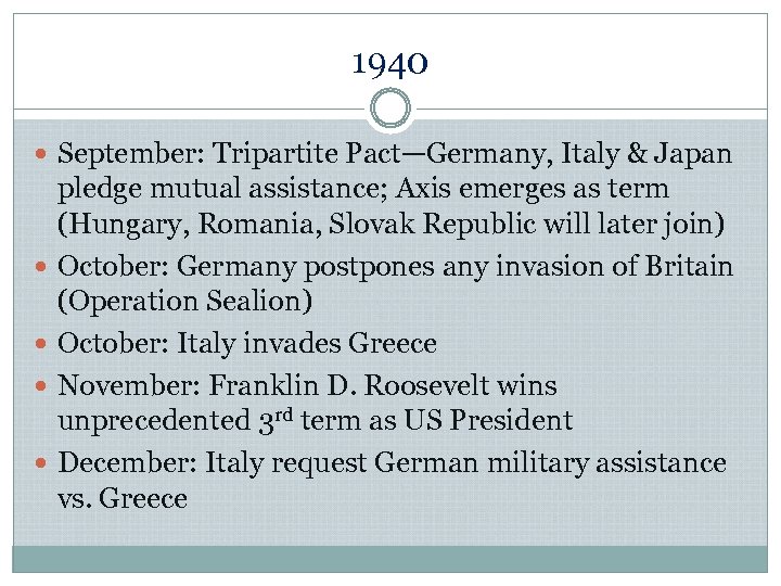1940 September: Tripartite Pact—Germany, Italy & Japan pledge mutual assistance; Axis emerges as term