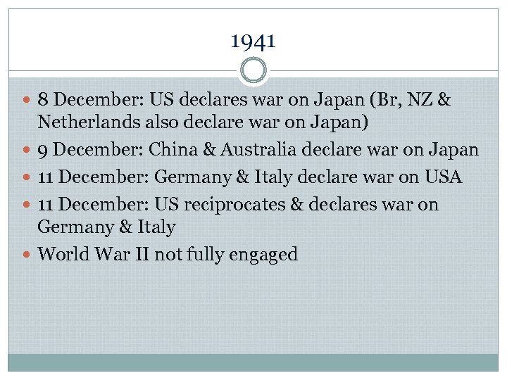 1941 8 December: US declares war on Japan (Br, NZ & Netherlands also declare