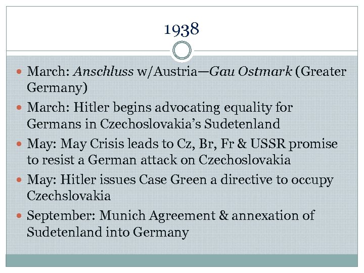 1938 March: Anschluss w/Austria—Gau Ostmark (Greater Germany) March: Hitler begins advocating equality for Germans