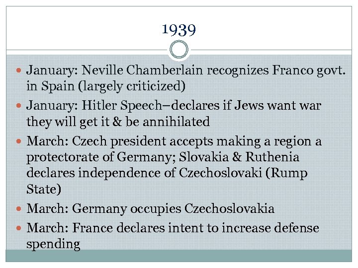 1939 January: Neville Chamberlain recognizes Franco govt. in Spain (largely criticized) January: Hitler Speech–declares