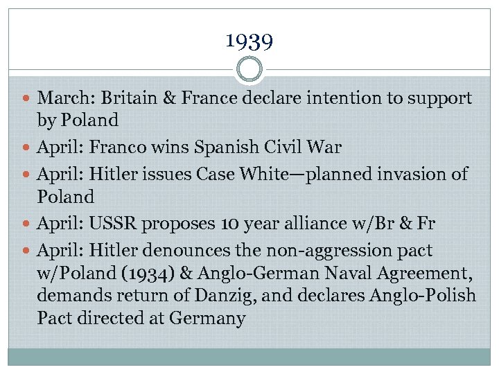 1939 March: Britain & France declare intention to support by Poland April: Franco wins