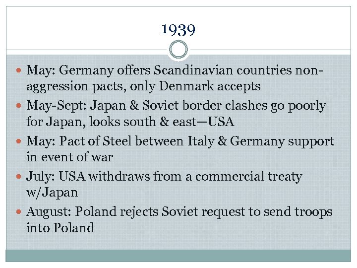 1939 May: Germany offers Scandinavian countries non aggression pacts, only Denmark accepts May-Sept: Japan