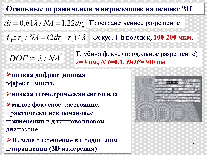 Основные ограничения микроскопов на основе ЗП Пространственное разрешение Фокус, 1 -й порядок, 100 -200