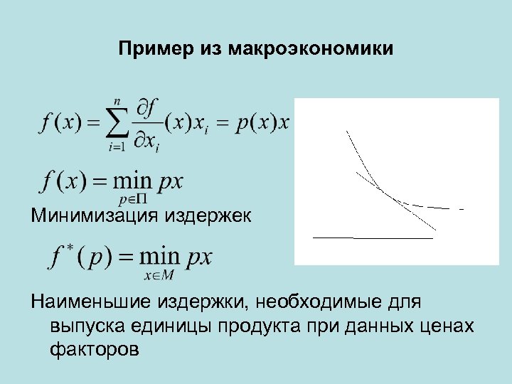 Пример из макроэкономики Минимизация издержек Наименьшие издержки, необходимые для выпуска единицы продукта при данных
