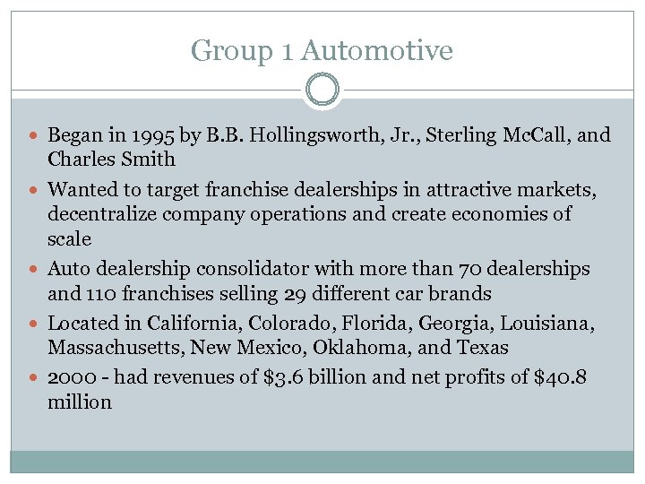 Group 1 Automotive Began in 1995 by B. B. Hollingsworth, Jr. , Sterling Mc.