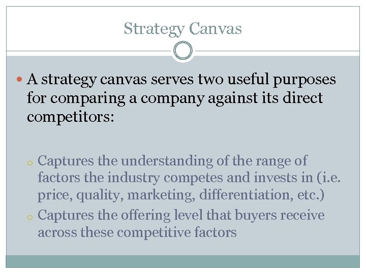 Strategy Canvas A strategy canvas serves two useful purposes for comparing a company against