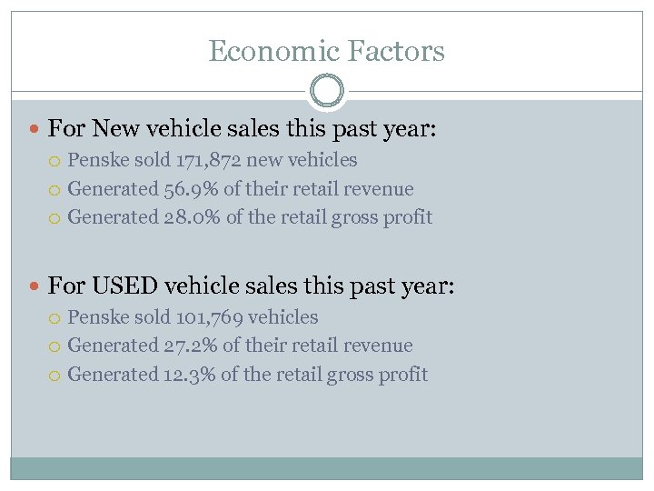 Economic Factors For New vehicle sales this past year: Penske sold 171, 872 new