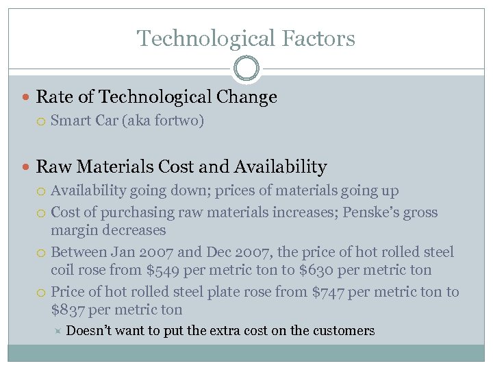 Technological Factors Rate of Technological Change Smart Car (aka fortwo) Raw Materials Cost and