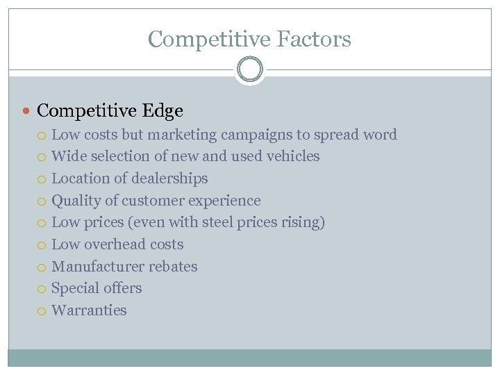 Competitive Factors Competitive Edge Low costs but marketing campaigns to spread word Wide selection